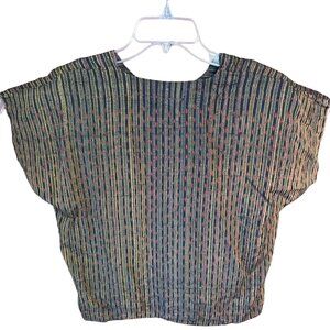 Multicolor Woven Striped Short Sleeve Blouse With Button Detail Large 6b